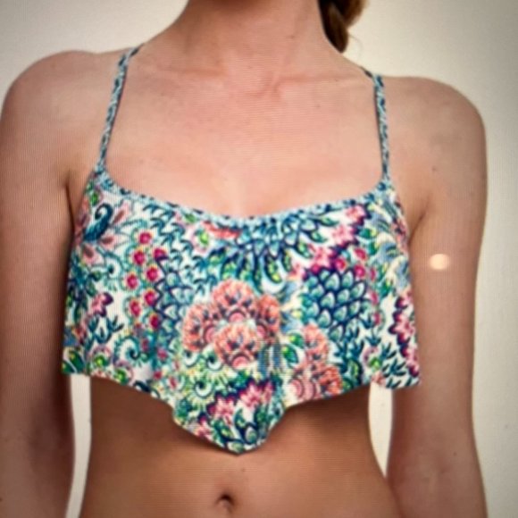 Profile Blush Triangle Ruffle Peacock Pattern Bikini Top Size Small F-Cup - Picture 9 of 10